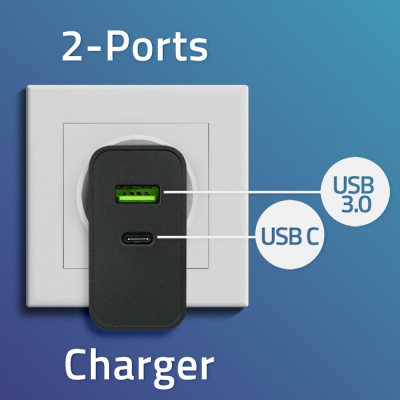Qoltec Ładowarka Super Quick PD 1xUSB-C 1xUSB 45W 5-20V 2.25-3A Czarna
