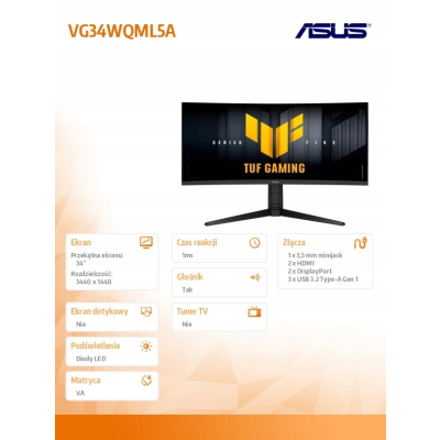 ASUS Monitor 34 cale VG34WQML5A WQHD 2DP 2HDMI USB3.2