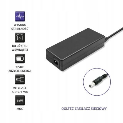 Qoltec Zasilacz desktopowy 84W 12V 7A 5.5*2.1 +kabel zasilający 51108
