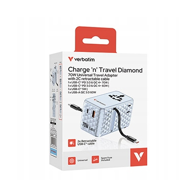 Verbatim, Adapter podróżny ChargeNTravel GaN III USB-C USB-A 70W 30187