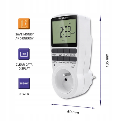 Qoltec Elektroniczny programator czasowy PC0628 3680W 16A LCD 50628