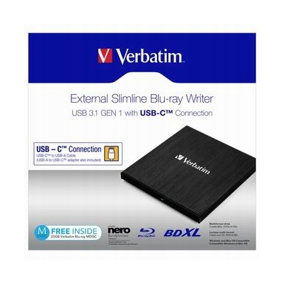 Verbatim Zewnętrzna nagrywarka Blu-Ray, 43889, USB 3.1, USB-C, 25GB MDISC