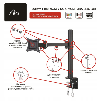 UCHWYT BIURKOWY DO 1 MONITORA 13-27" L-01 ART