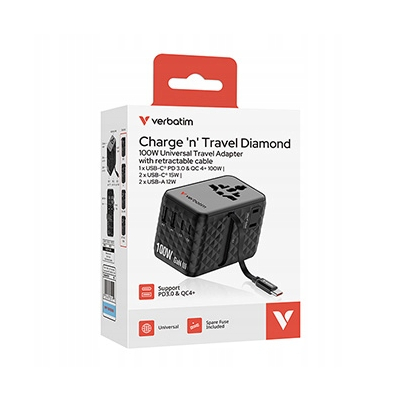 Verbatim Adapter podróżny ChargeNTravel USB-C USB-A czarna 100 W 30191