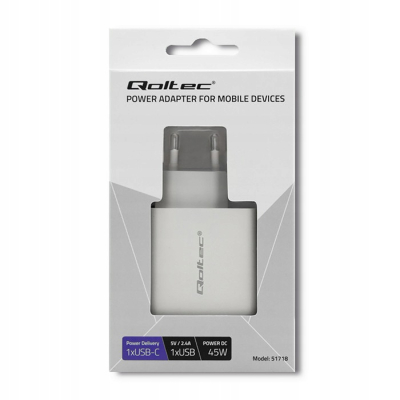 Qoltec Ładowarka sieciowa 45W 5-20V 2.4-3A USB typ C PD USB 3.0 Biała
