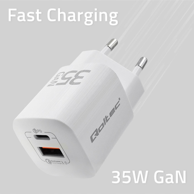 Qoltec Ładowarka 35W GaN ULTRA 5-20V 2.25-3A 1xUSB C PD 1xUSB 3.0