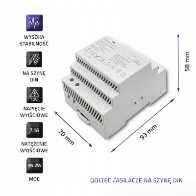 Qoltec Zasilacz na szynę DIN 85.2W 12V 7.1A Szary