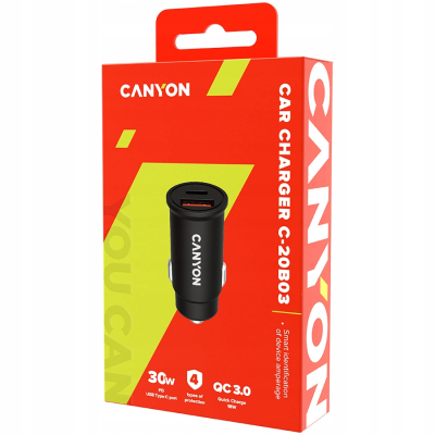 CANYON Ładowarka samoch. C-20-03 PD30W QC3.0 USB-C USB-A Czarna