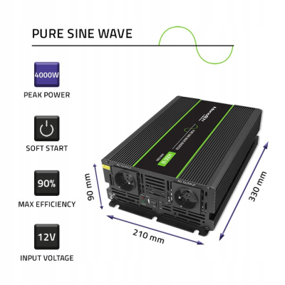 Qoltec Przetwornica napięcia Monolith 2000W 4000W 12V/230V Czysty Sinus
