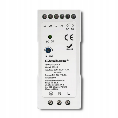 Qoltec Zasilacz na szynę DIN 60W 24V 2.5A Biały Slim