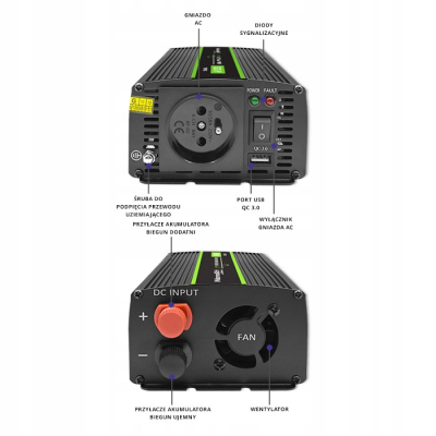 Qoltec Przetwornica napięcia Monolith 600W 1200W 12V/230V Czysty Sinus