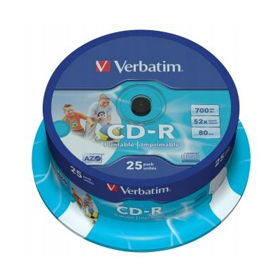 Verbatim CD-R, 43439, Wide Inkjet Printable, 25-pack, 700MB, 52x 80min 12cm