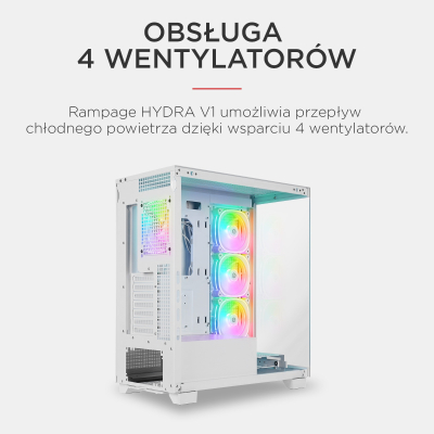 Rampage Hydra V1 Obudowa PC 4x wentylator USB C/USB A ARGB + hub, biała