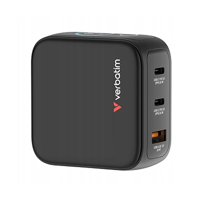 Verbatim, Mini ładowarka GaN z wyświetlaczem TFT 2 x USB-C / 1 x USB-A 65W