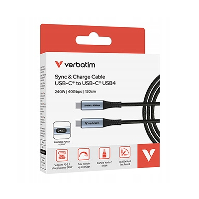 Verbatim USB kabel USB C (M) - USB C (M), 240W, 1.2m, czarny, box, 31849
