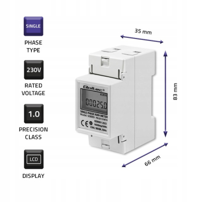 Qoltec Jednofazowy licznik zużycia energii na szynę DIN 230V LCD 2P