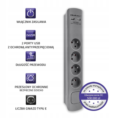 Qoltec Listwa antyprzepięciowa 4 gniazda 2 x USB 1.8m Szara SKLEP KOZIENICE RADOM