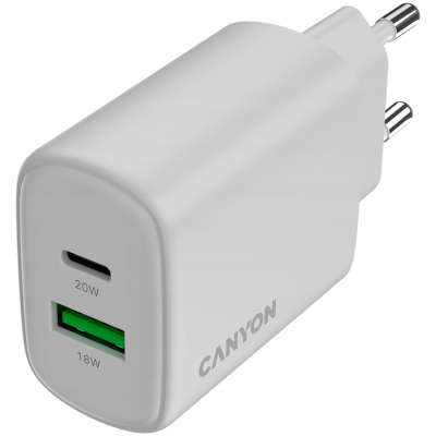 Canyon OnCharge 200 ładowarka sieciowa USB C PD 20W + USB A QC (biała)