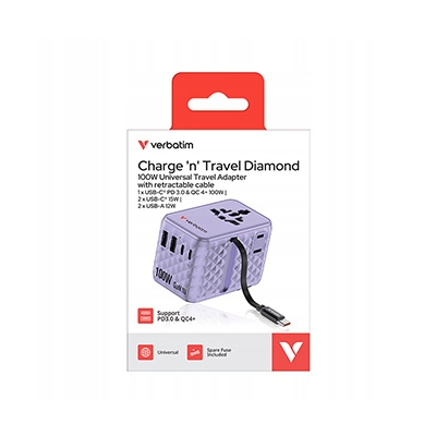 Verbatim Adapter podróżny ChargeNTravel USB-C USB-A fioletowy 100 W 30193