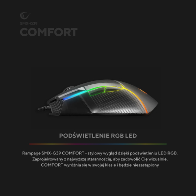 Rampage Comfort myszka gamingowa, programowalna 12800 DPI RGB, czarna