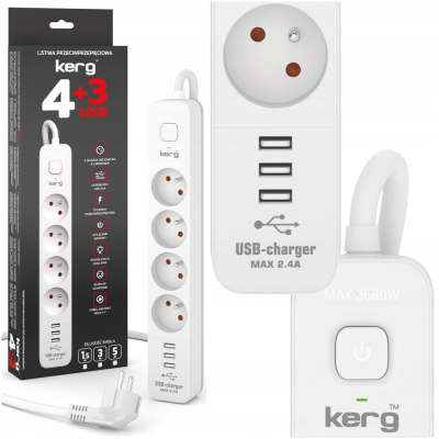 Urządz. zas.-zabezpiecz.KERG 3USB-1,5m-16A-H05VV-F