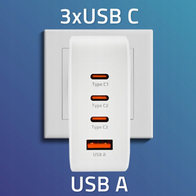 Qoltec Ładowarka sieciowa 140W GaN 5-20V 2.5-5A 3x USB-C PD 1x USB QC 3.0