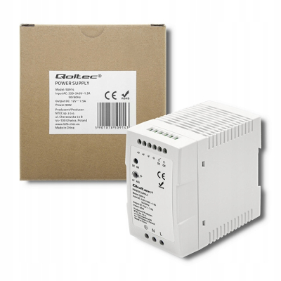 Qoltec Zasilacz na szynę DIN 90W 12V 7.5A Biały Slim