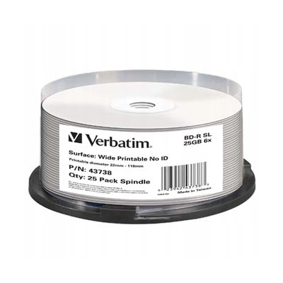 Verbatim BD-R, Single Layer Wide Printable, 25GB, 6x, 25-pack, 43738
