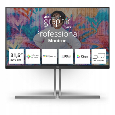 AOC Monitor U32U3CV 31.5 cala Nano IPS 4K HDMI DP USB-C RJ45 KVM Pivot Głoś