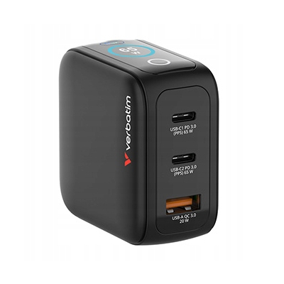 Verbatim, Mini ładowarka GaN z wyświetlaczem TFT 2 x USB-C / 1 x USB-A 65W