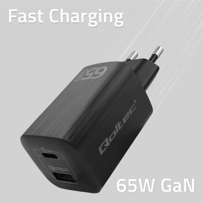 Qoltec Ładowarka 65W GaN ULTRA 5-20V 2.25-3.25A 1xUSB C PD 1xUSB 3.0