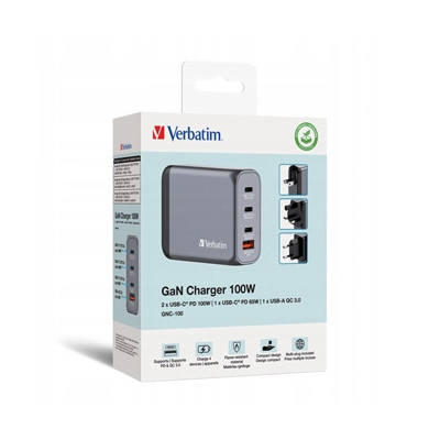 Verbatim Ładowarka GaN USB 3.0 USB C szara 100 W, wymienne końcówki C,G,A