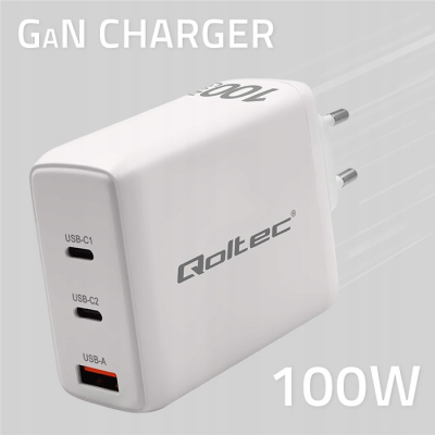 Qoltec Ładowarka sieciowa 100W GaN 5-20V 1.5-5A 2x USB-C PD 1x USB QC 3.0