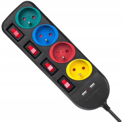Listwa zasilająca Maclean, przedłużacz 4 gniazda + 2xUSB, z włącznikami, 250VAC/10A, 2.1A 5V, 1.5m, czarna, MCE229 B