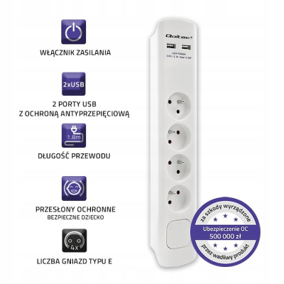 Qoltec Listwa antyprzepięciowa 4 gniazd 2xUSB 1,8m