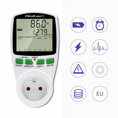 Qoltec Watomierz Licznik zużycia energii PM0627 historia pomiaru 3680W 16A