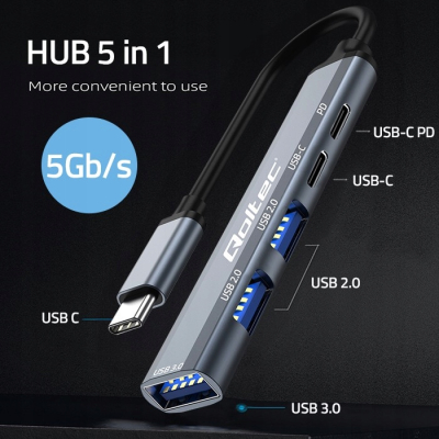 Qoltec Hub Adapter USB-C 3.1 5w1 USB-C PD USB-C USB 2.0 USB 3.0 53790