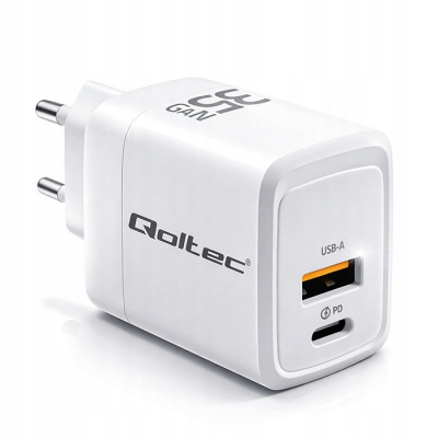 Qoltec Ładowarka sieciowa 35W GaN 5-20V 1.5-3A 1x USB-C PD 1 x USB QC 3.0