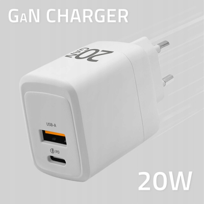 Qoltec Ładowarka sieciowa 20W GaN 5-20V 1.5-3A 1x USB-C PD 1 x USB QC 3.0