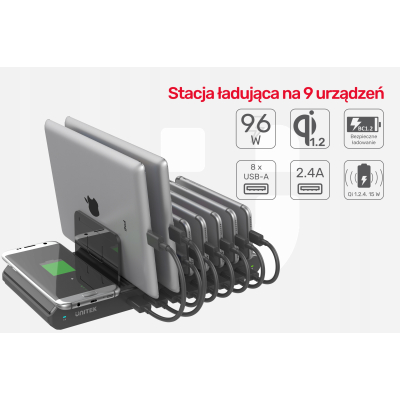 Unitek Y-2192A stacja ładująca 8xUSB Qi wireless96