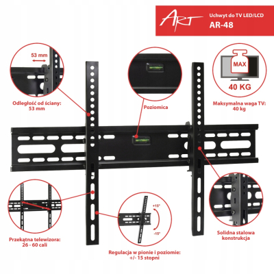 UCHWYT DO TV 26-60 40KG AR-48 ART reg. w pionie