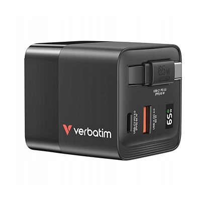Verbatim Ładowarka GaN USB 3.0 USB C szara 65 W wymienne wtyczki C, G, A