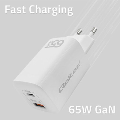 Qoltec Ładowarka 65W GaN ULTRA 5-20V 2.25-3.25A 1xUSB C PD 1xUSB 3.0