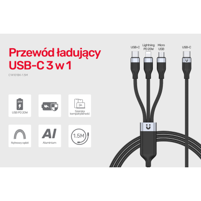 Unitek 1.5M kabel 3w1 USB-C microUSB Lightning