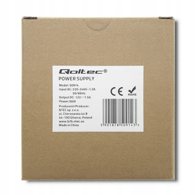 Qoltec Zasilacz na szynę DIN 90W 12V 7.5A Biały Slim