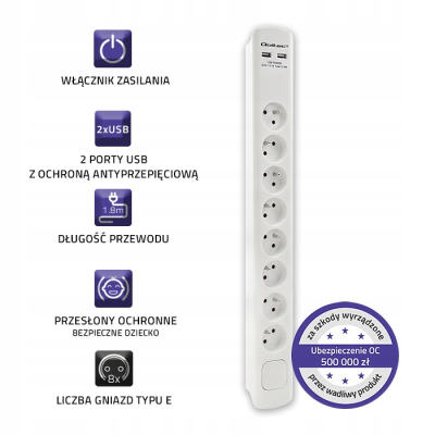 Qoltec Listwa antyprzepięciowa 8 gniazd 2 x USB 1.8m Biała