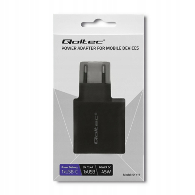 Qoltec Ładowarka sieciowa 45W 5-20V 2.25-3A USB typ C PD USB 3.0 Czarna