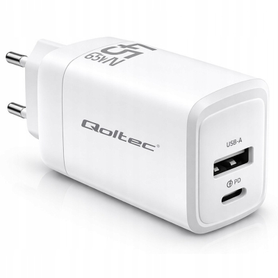 Qoltec Ładowarka sieciowa 45W GaN 5-20V 1.5-3A 1x USB-C PD 1 x USB QC 3.0