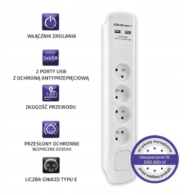 Qoltec Listwa antyprzepięciowa 4 gniazda 2 x USB 1.8m | Biała