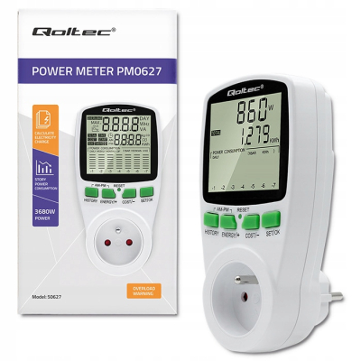 Qoltec Watomierz Licznik zużycia energii PM0627 historia pomiaru 3680W 16A